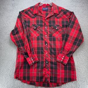 Wrangler Shirt X-Long Tails Mens XL (17.5-36) Red Plaid Pearl Snap Rodeo Western